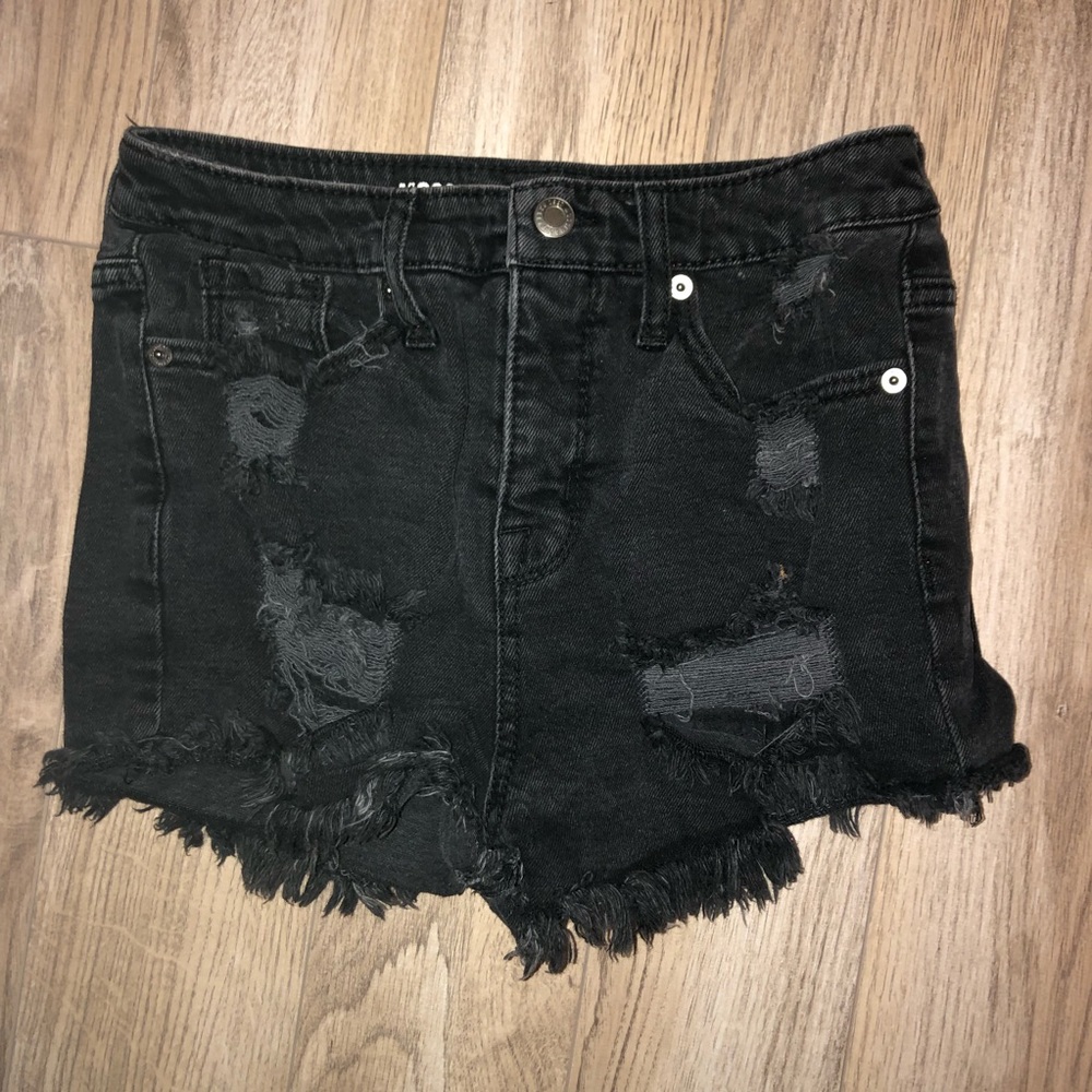 destroyed black high rise denim shorts
